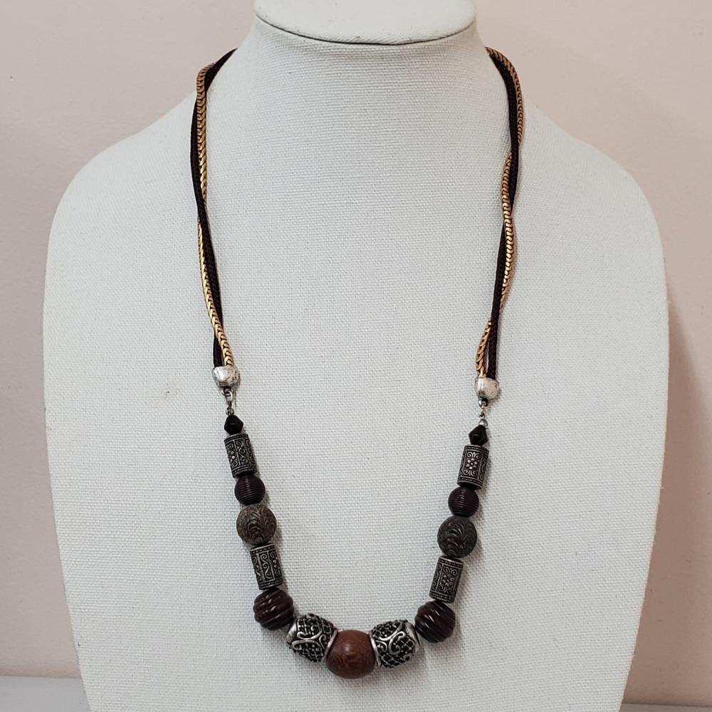 Vintage Chicos Bohemian Boho Wooden Bead Long Necklace Goldtone Silvertone Cord